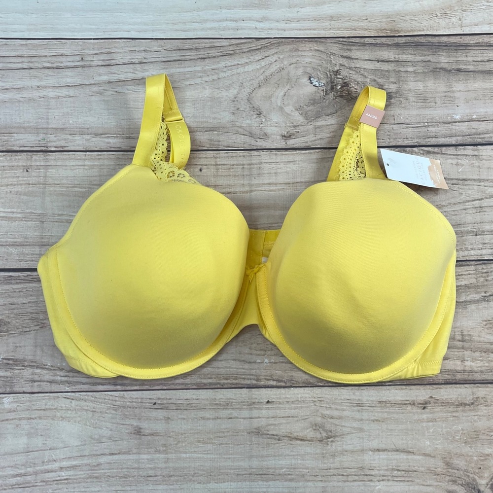 Cacique Lightly Lined‎ T-Shirt Bra 44DDD Yellow Lace Adjustable Straps Comfort